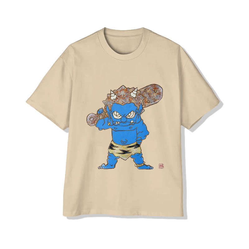 Unisex Blue Oni Character  Art Print Short Sleeved Crew Neck T-Shirt - Apricot - 2XL - image 3