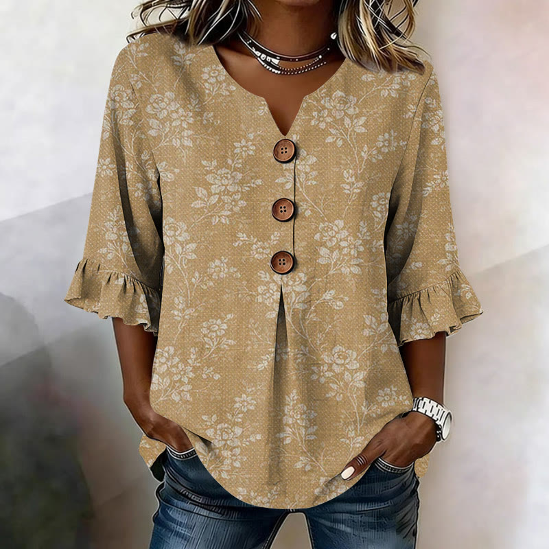 Vintage Floral Texture Pattern Print Button V-neck Blouse With Ruffle Sleeves - Yellow - US32-34(5XL) - image 4