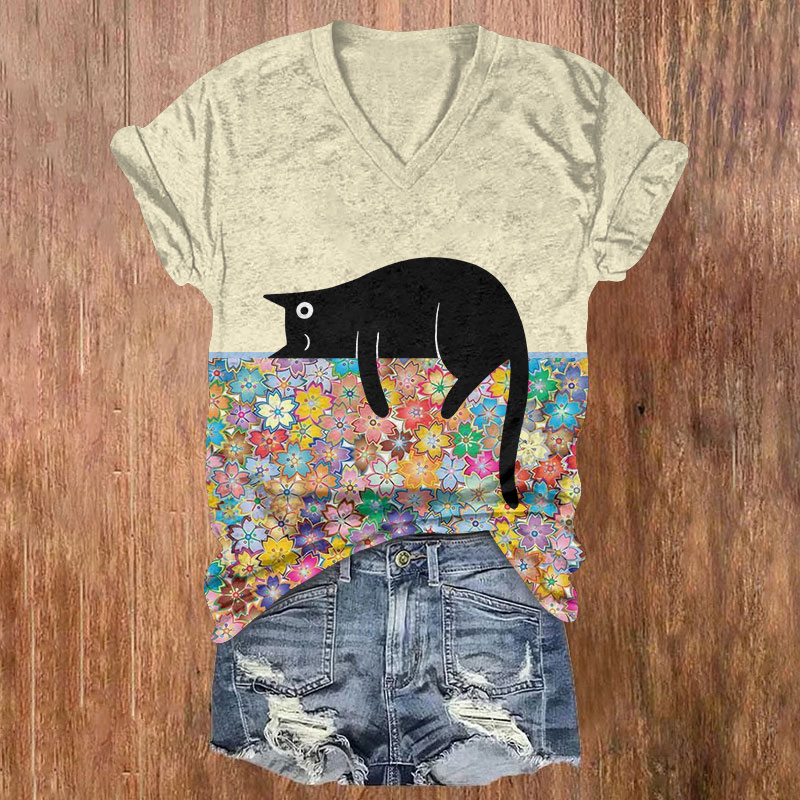 Rainbow Cherry Blossoms And Lazy Cat Print Short Sleeved V-Neck T-Shirt - Apricot - US32-34(5XL) - image 4