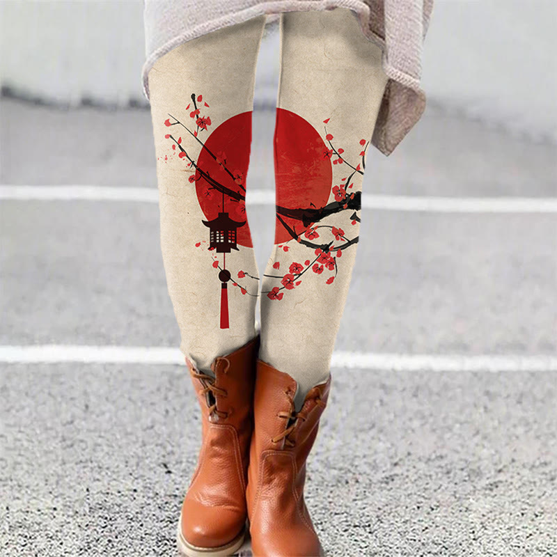 Japanese Sun & Lantern On Plum Blossom Art Print Leggings - Apricot - 5XL - image 7