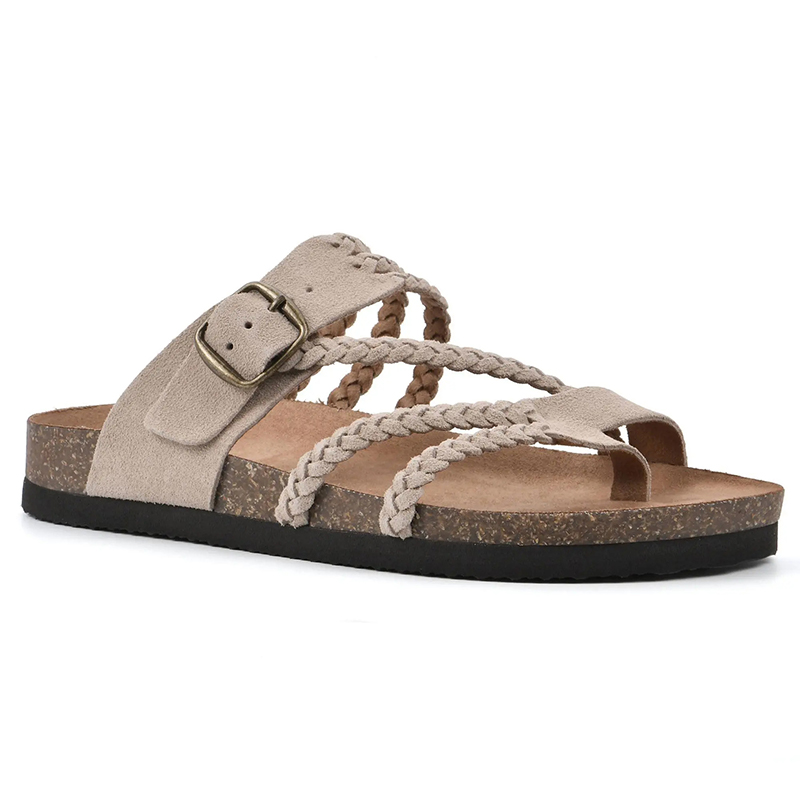Women's Toe Ring Slide Sandals, Braided Strap Adjustable Buckle Flat Sandals - Beige - US12 - image 3