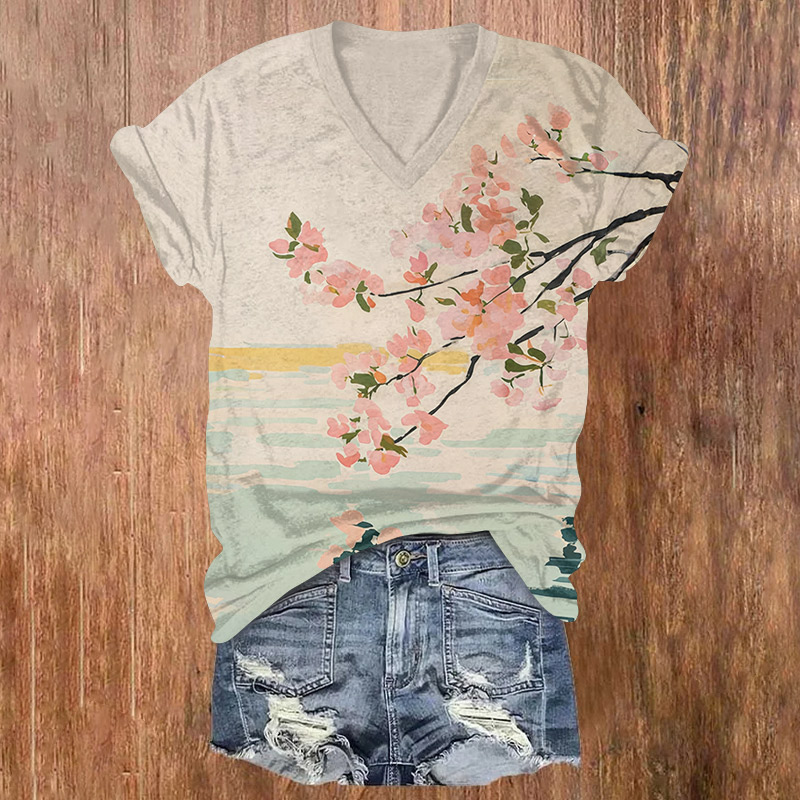 Japanese Watercolor Peach Blossom Art Print Short Sleeved V-neck T-shirt - Apricot - US32-34(5XL) - image 1