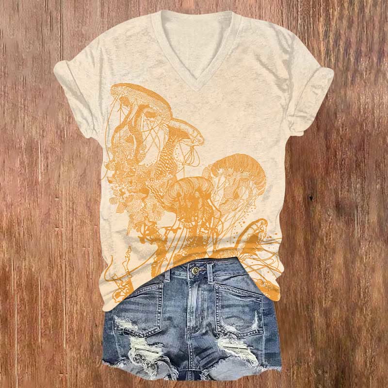 Ocean Inspired Style Neon Jellyfish Print V-neck T-shirt - Apricot - US32-34(5XL) - image 5