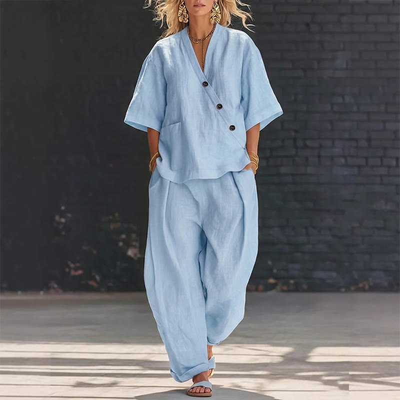 Cozy Solid Loose-fitting 3/4 Sleeve Blouse&wide-leg Pants Set - Light Blue - 5XL - image 6