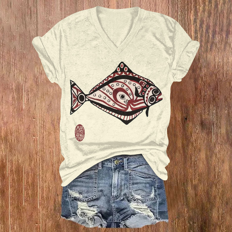 Japanese-style Abstract Simple Fish Fish Printed Short Sleeved V-neck T-shirt - Apricot - US32-34(5XL) - image 1