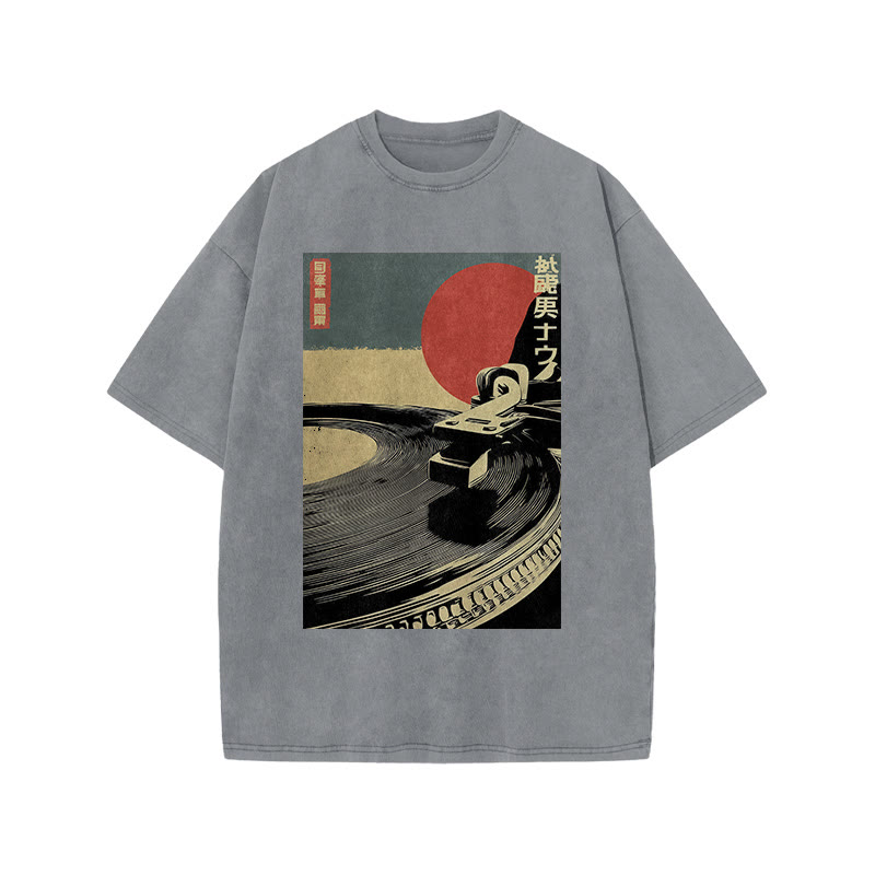 Japanese Vintage Turntable Art Print Acid Washed T-shirt - Grey - US20-22(3XL) - image 4