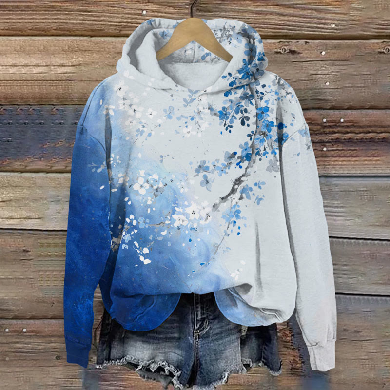 Watercolor Dying Floral Print Long Sleeve Hoodie - Blue - US44-46(8XL) - image 3