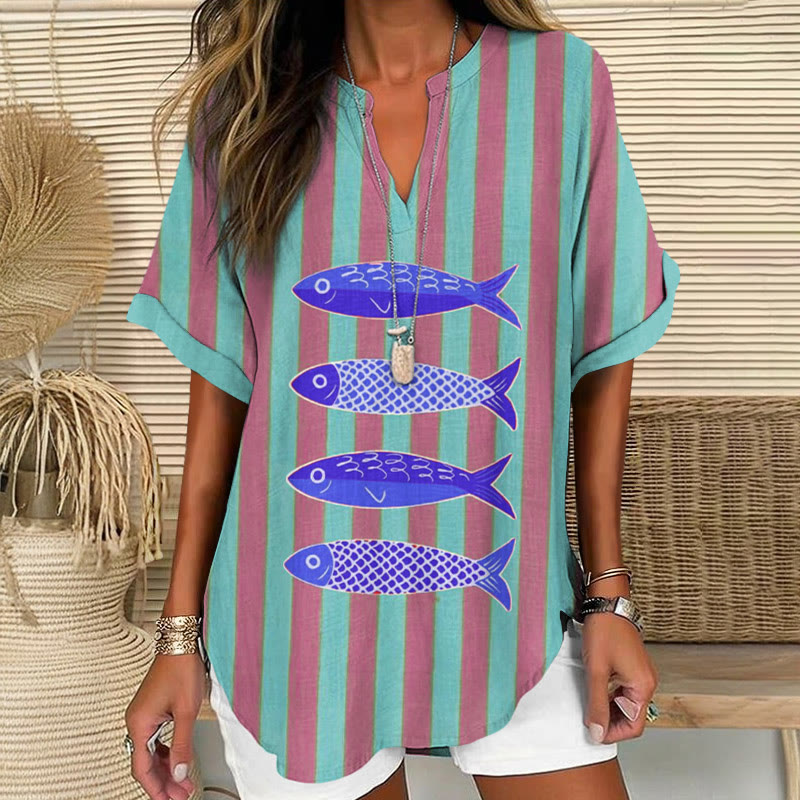 Beach Vacation Color-blocked Striped Fishes Pattern Print Short Sleeve Casual Blouse - Blue - 5XL - image 4