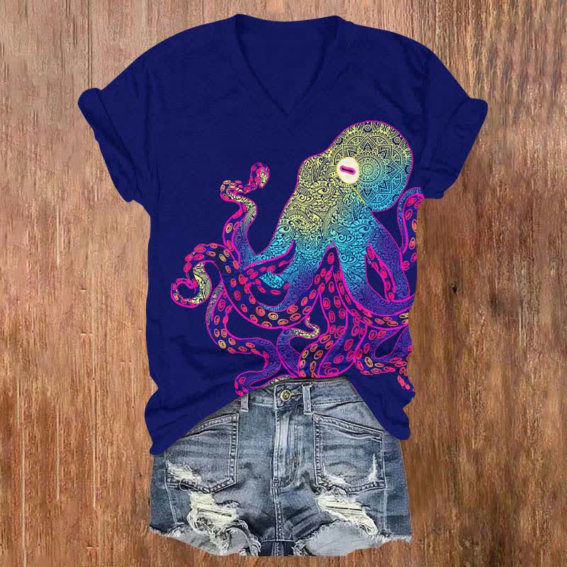 Creative Leisurely Blue-ringed Octopus Art Print V-neck T-shirt - Dark Blue - US32-34(5XL) - image 3