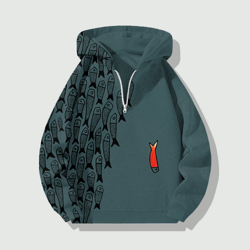 Unisex Simple Lines Abstract Geometric Fish Half Zip Hoodie - Dark Green - US32-34(5XL) - image 4