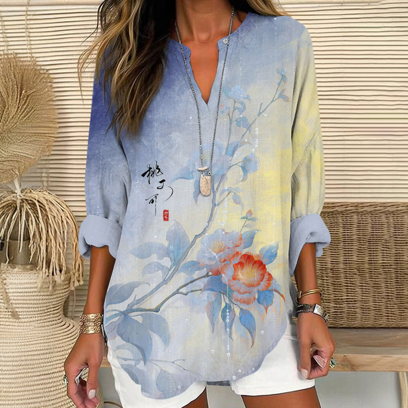 Japanese Vintage Peach Blossom Art Print V Neck Long Sleeve Blouse - Blue - 8XL - image 1
