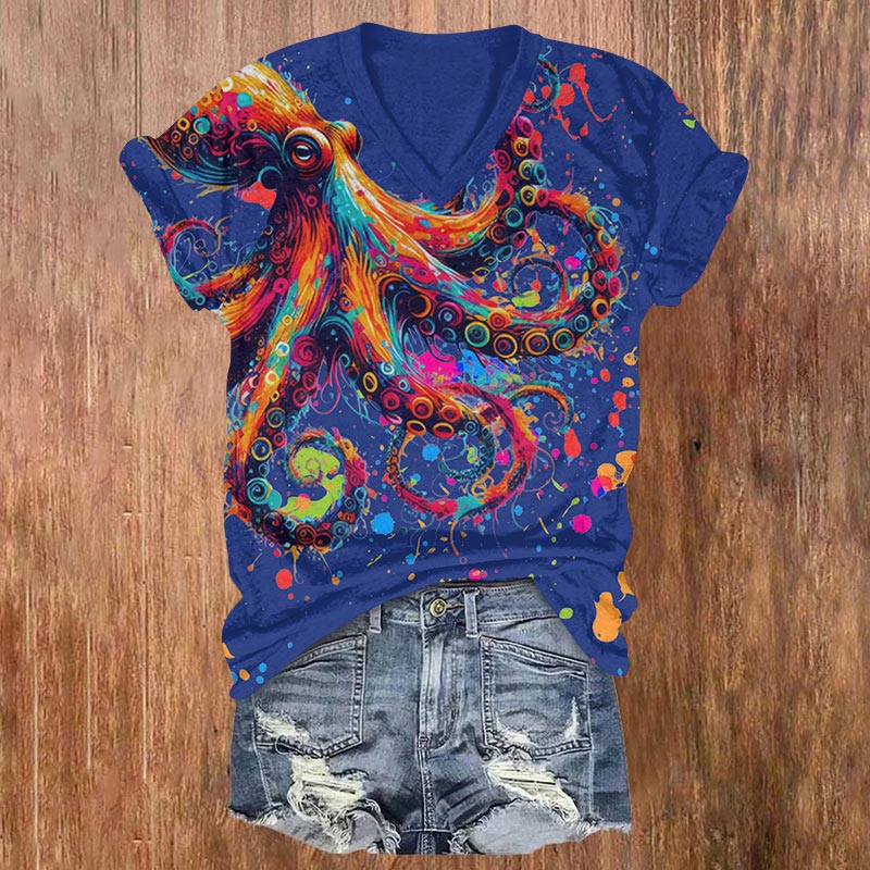 Colorful Ink Painting Of Octopus Print V-neck T-shirt - Blue - US32-34(5XL) - image 5