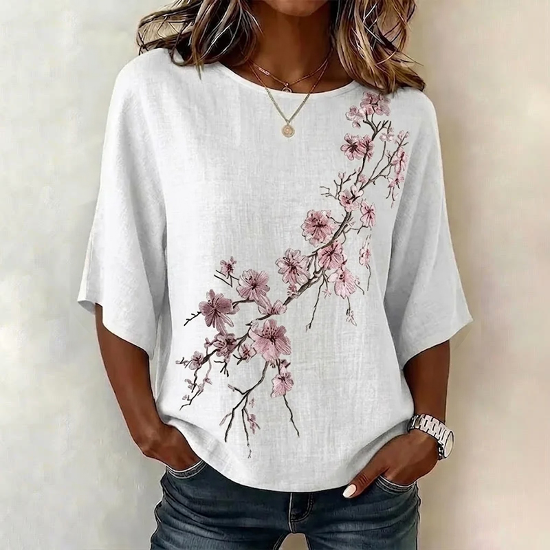  Vintage Elegant Plum Bossom Pattern Print Half Sleeve Casual Blouse - White - US 28-30 (4XL) - image 1
