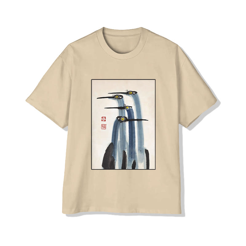 Unisex Japanese Art Crane Print Short Sleeved Crew Neck T-shirt - Apricot - 2XL - image 3