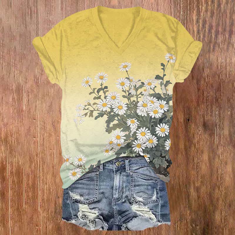 Japanese Lovely Daisy Art Print V-neck T-shirt - Yellow - US32-34(5XL) - image 3