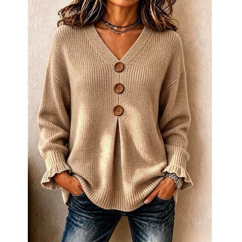 Women's V-Neck Knit Top With Decorative Buttons & Ruffle Cuffs - Camel - 3XL - image 14