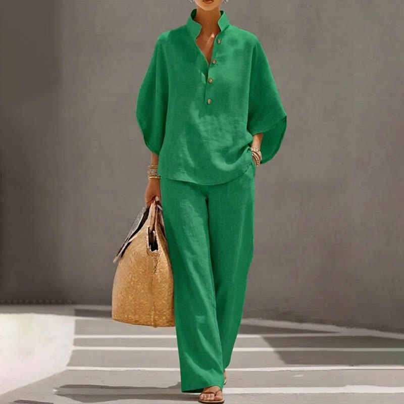 Casual Solid Loose-fitting 3/4 Sleeve Blouse&wide-leg Pants Set - Green - 5XL - image 3