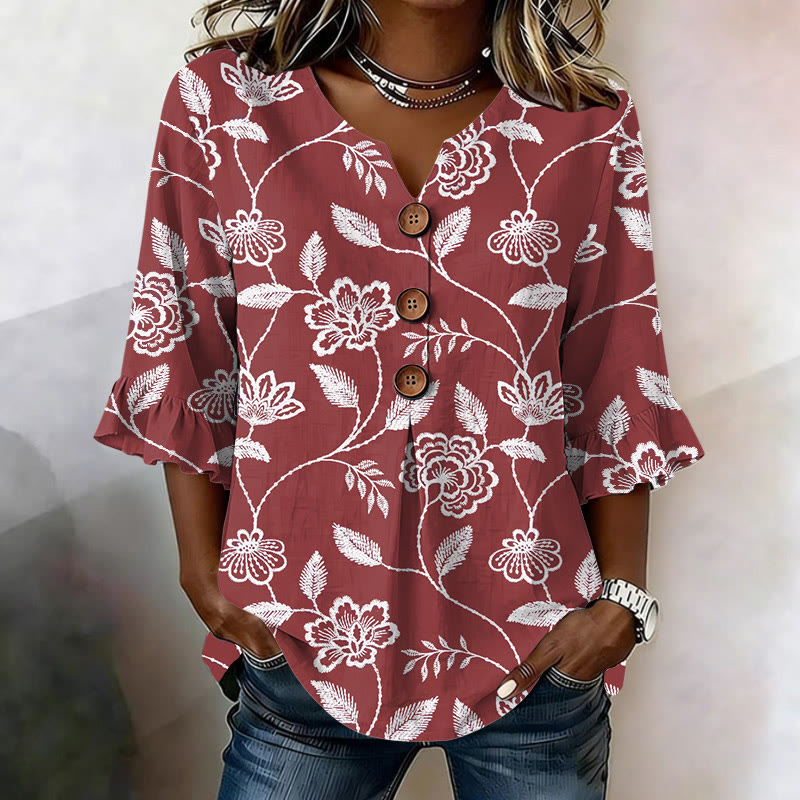 Vintage Floral Stitches Pattern Print Button V-neck Blouse With Ruffle Sleeves - Red - US32-34(5XL) - image 4
