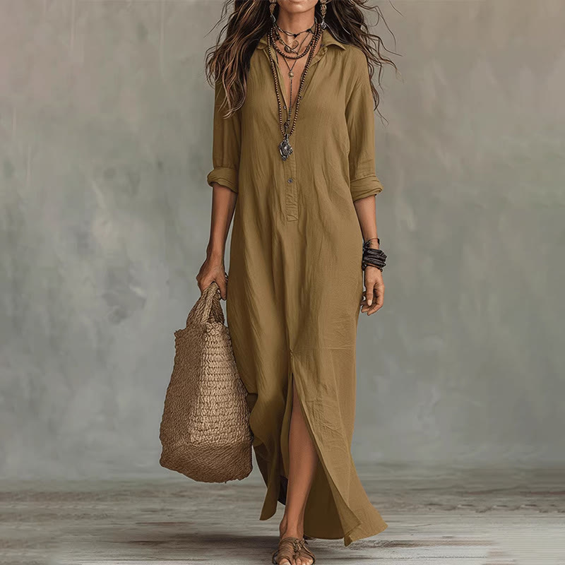 Casual Solid V-neck Lapel Long-sleeve Maxi Dress With Front Slit - Yellow - 2XL - image 5