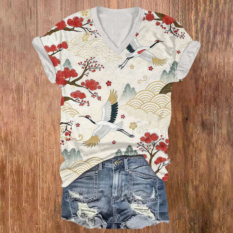 Japanese White Crane Art Print Short Sleeved V-neck T-shirt - Beige - US32-34(5XL) - image 1