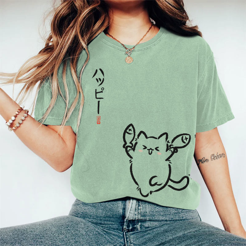 100% Cotton Women's Japanese Lovely Cat Holding Fish Art Print Casual T-shirt - Green - 2XL - image 5