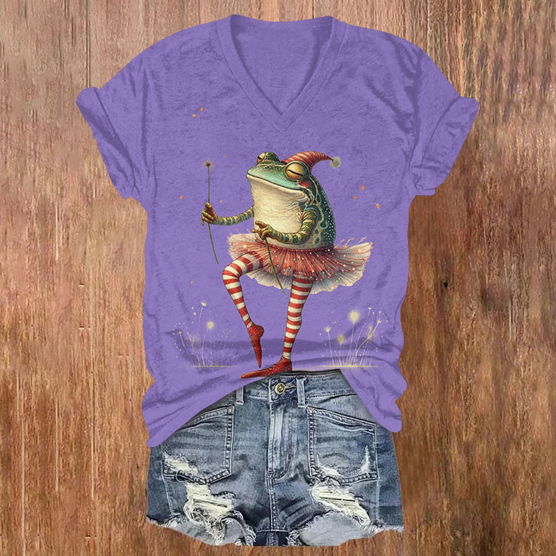 Frog Dancing In A Skirt Print V-neck T-shirt - Purple - US32-34(5XL) - image 3