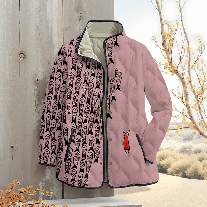 Cute Simple Lines Abstract Geometric Fish Art Print Outerwear Jackets - Pink - 4XL - image 4
