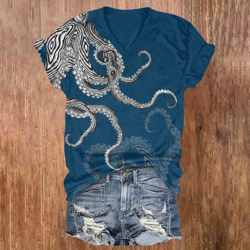 Ocean Striped Octopus Sketch Art Pattern Print Short Sleeved V-neck T-shirt - Blue - US32-34(5XL) - image 3