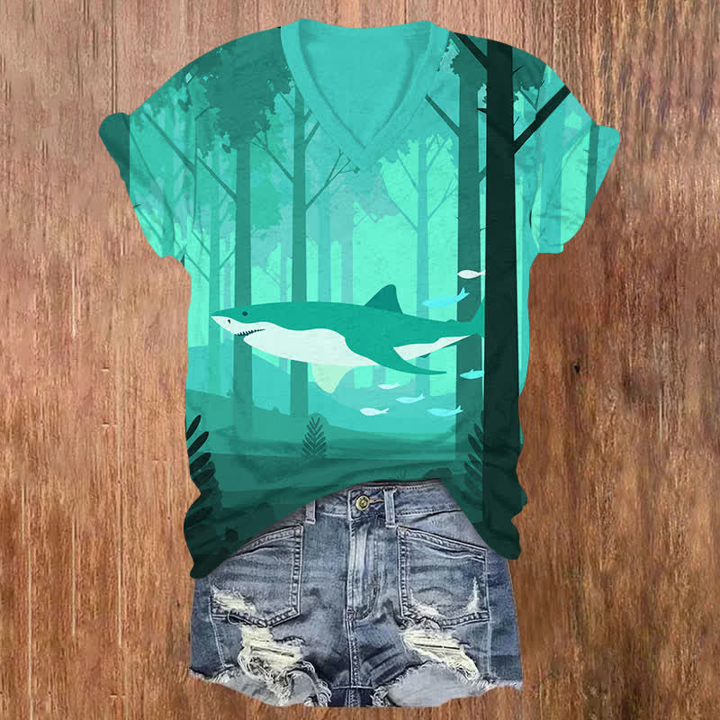 Funny Shark Swimming In Forest Art Print V-neck T-shirt - Green - US32-34(5XL) - image 3