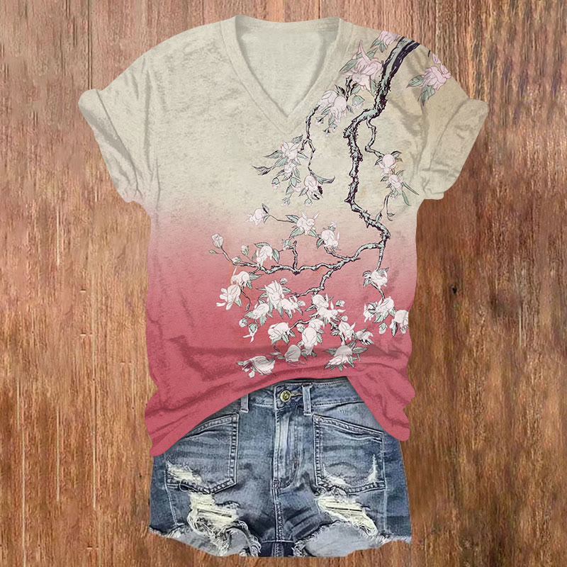Japanese Watercolor Print Rabbits On The Tree V-neck T-shirt - Rose - US32-34(5XL) - image 3