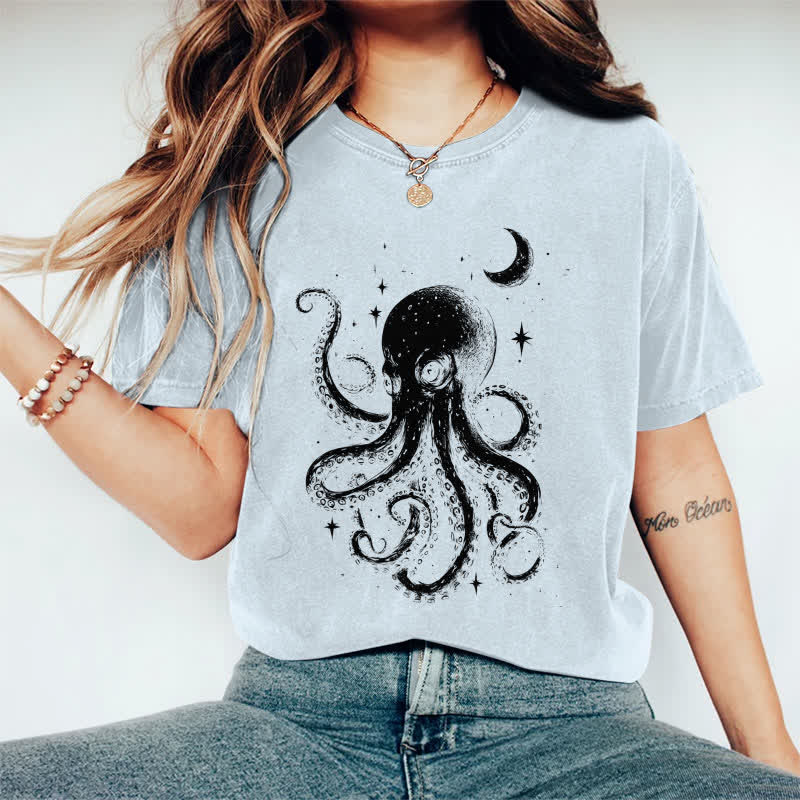 100% Cotton Japanese Watercolor Star & Moon Octopus Art T-shirt - Light Blue - 2XL - image 3