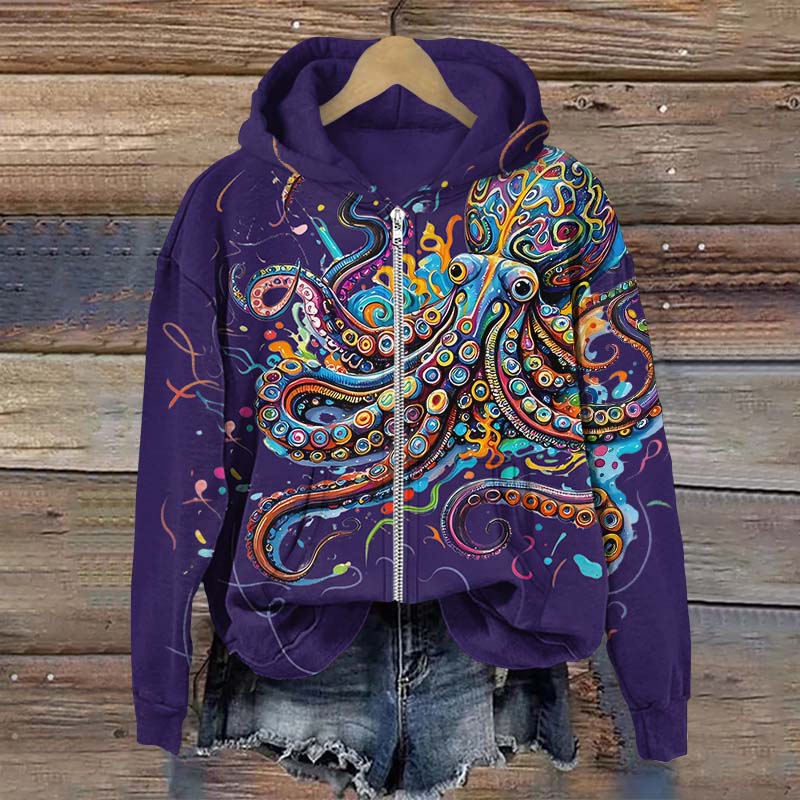 Vintage Rainbow Octopus Art Print Long Sleeve Zipper Hoodie - Navy Blue - US28-30(4XL) - image 6