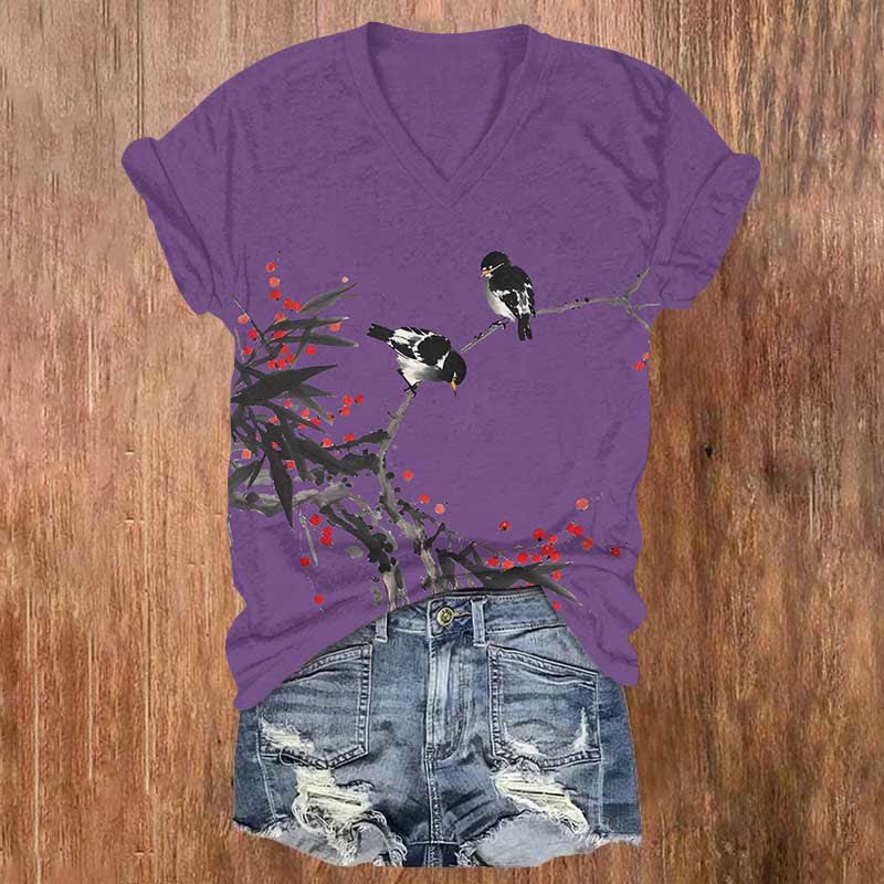 Japanese Vintage Bird Art Print V-neck T-shirt - Purple - US32-34(5XL) - image 3