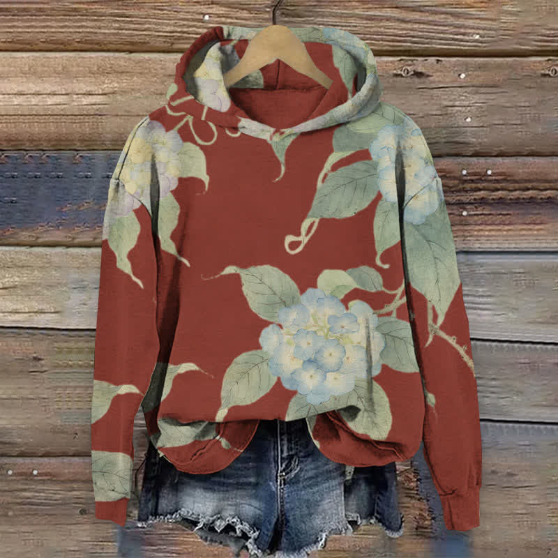 Japanese Watercolor Hydrangea Art Print Long Sleeve Hoodie - Red - US44-46(8XL) - image 5