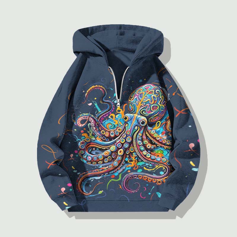 Unisex Vintage Rainbow Octopus Half Zip Hoodie - Navy Blue - US32-34(5XL) - image 4