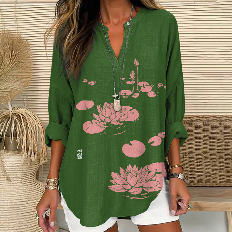 Japanese Lotus Woodblock Pattern Print V Neck Long Sleeve Blouse - Green - 8XL - image 3