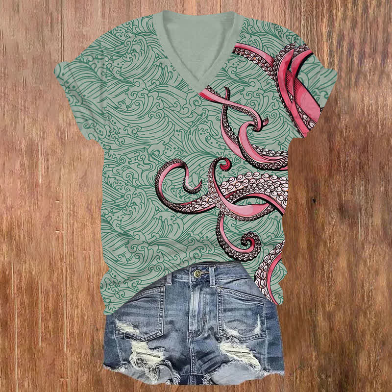 Japanese Ocean Wave Octopus Tentacles Pattern Print V-neck T-shirt - Green - US32-34(5XL) - image 3