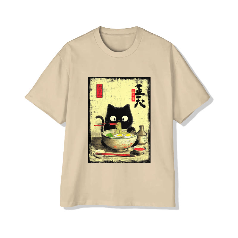 Unisex Japanese Black Kitten Eating Ramen Print Short Sleeved Crew Neck T-shirt - Apricot - 2XL - image 4
