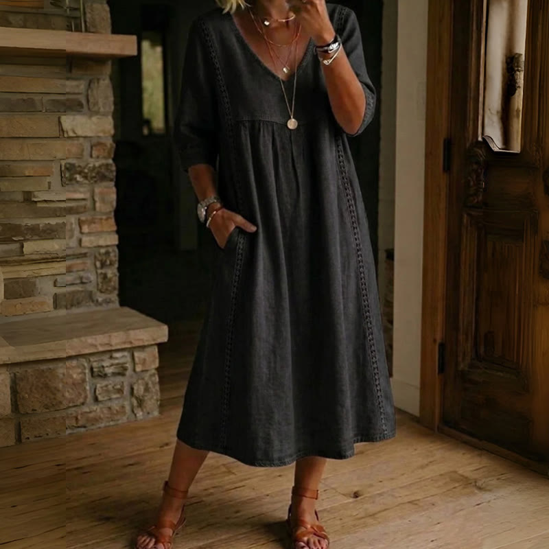 Elegant Solid V-neck Half Sleeve Maxi Dress - Black - 3XL - image 6