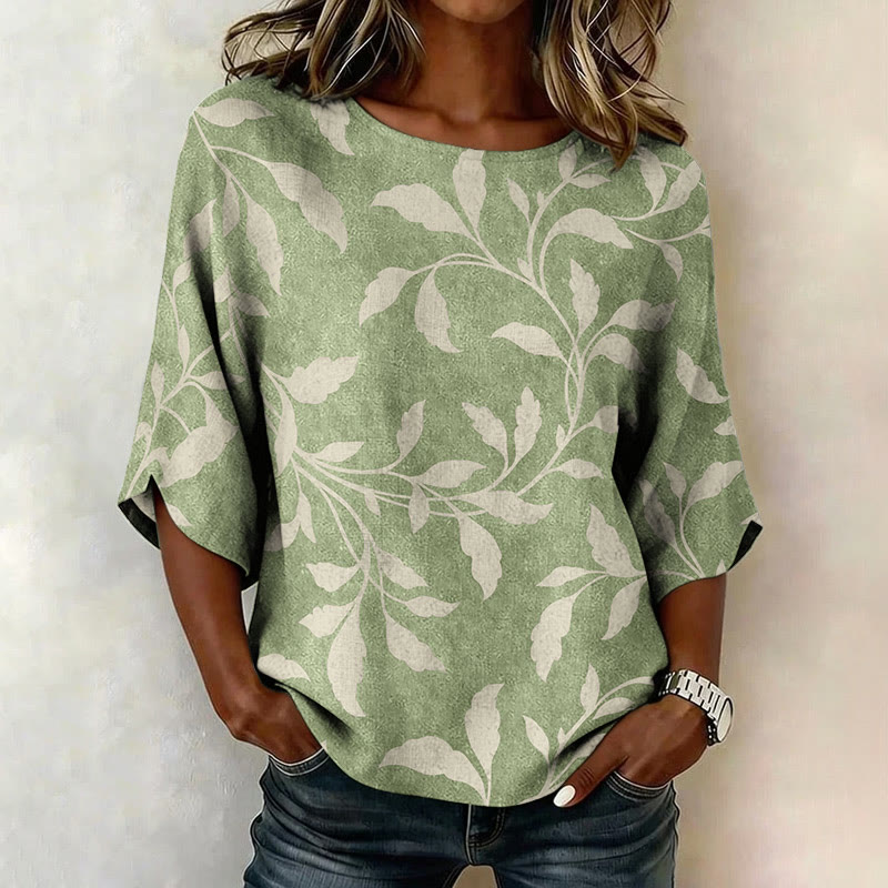 Casual Boho Foliage Pattern Print 3/4 Sleeve Casual Blouse - Green - 4XL - image 3