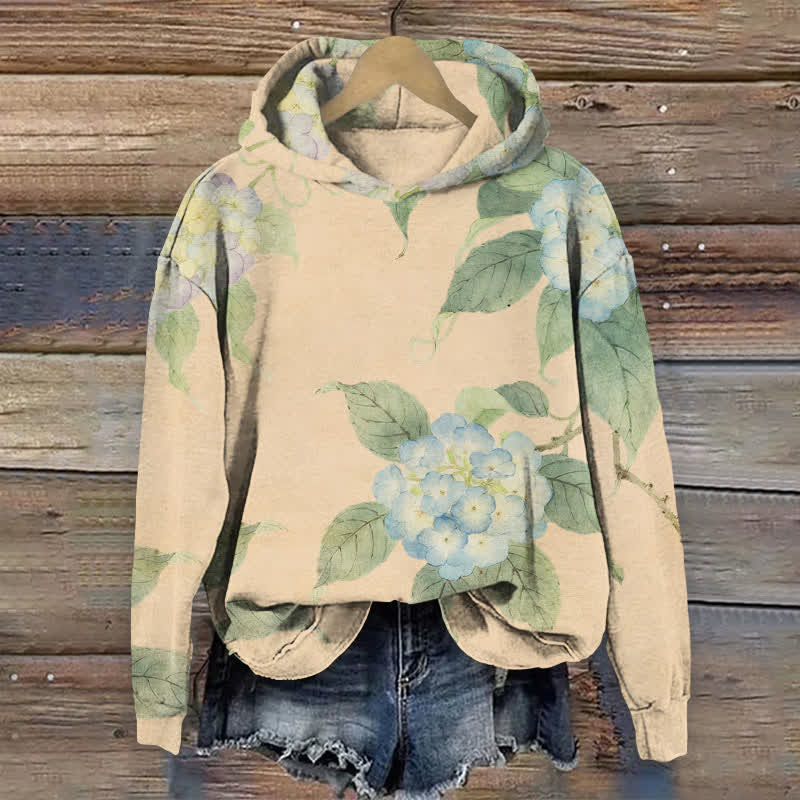 Japanese Watercolor Hydrangea Art Print Long Sleeve Hoodie - Apricot - US44-46(8XL) - image 4