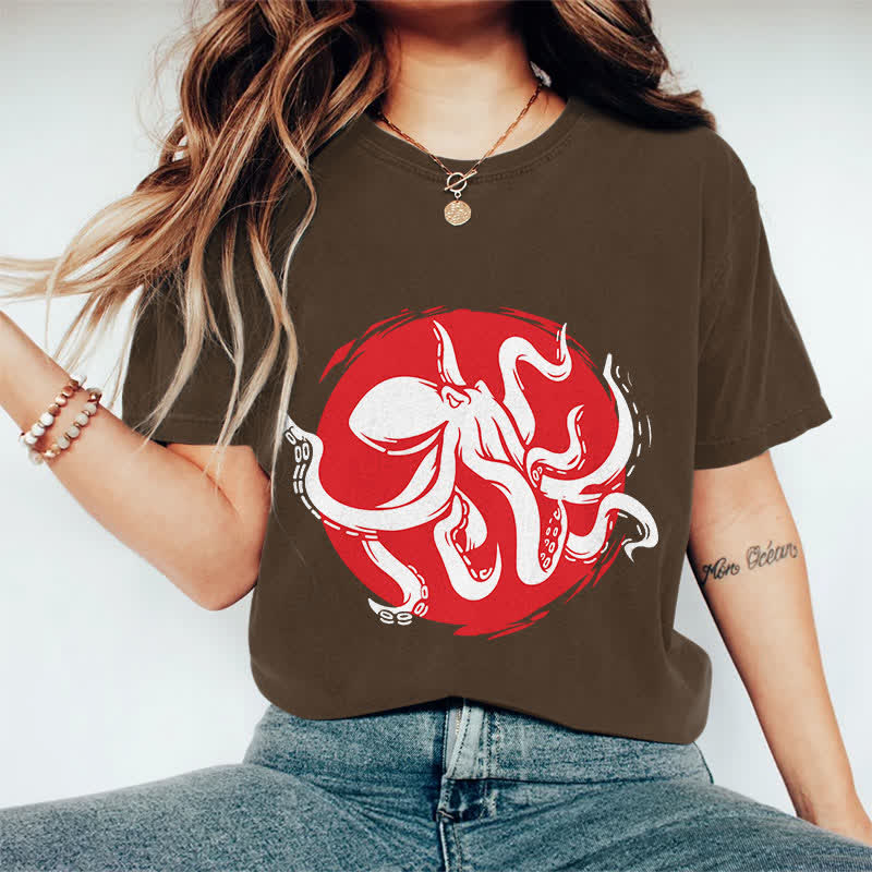 100% Cotton Japanese Abstract Octopus Art T-shirt - Coffee - 2XL - image 8