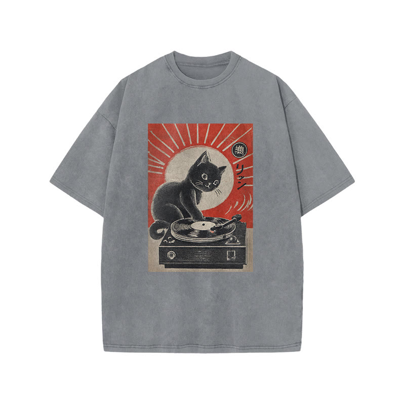 Japanese Black Cat Playing The Turntable Print Acid Washed T-shirt - Grey - US20-22(3XL) - image 4