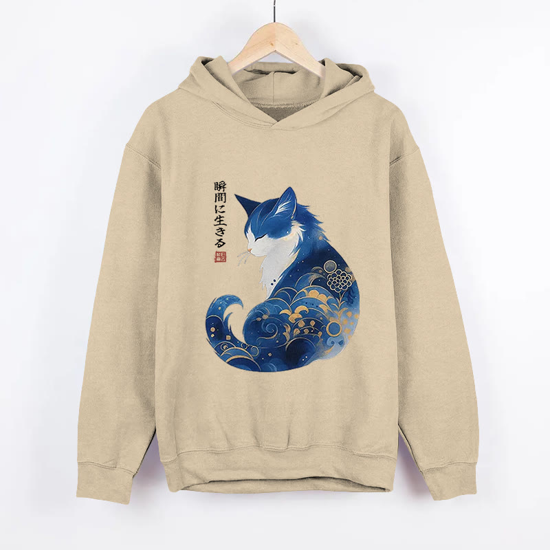 Unisex Retro Zen Cat Living the Present Pattern Long Sleeved Hoodie - Apricot - US44-46(8XL) - image 3