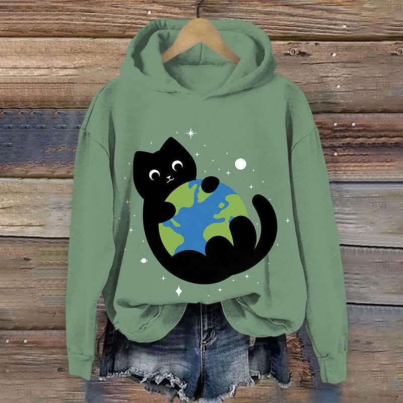 Japanese Lovely Black Cat Holding The Earth Art Print Long Sleeve Hoodie - Green - US44-46(8XL) - image 6