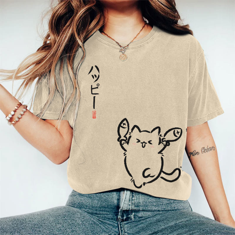 100% Cotton Women's Japanese Lovely Cat Holding Fish Art Print Casual T-shirt - Khaki - 2XL - image 4