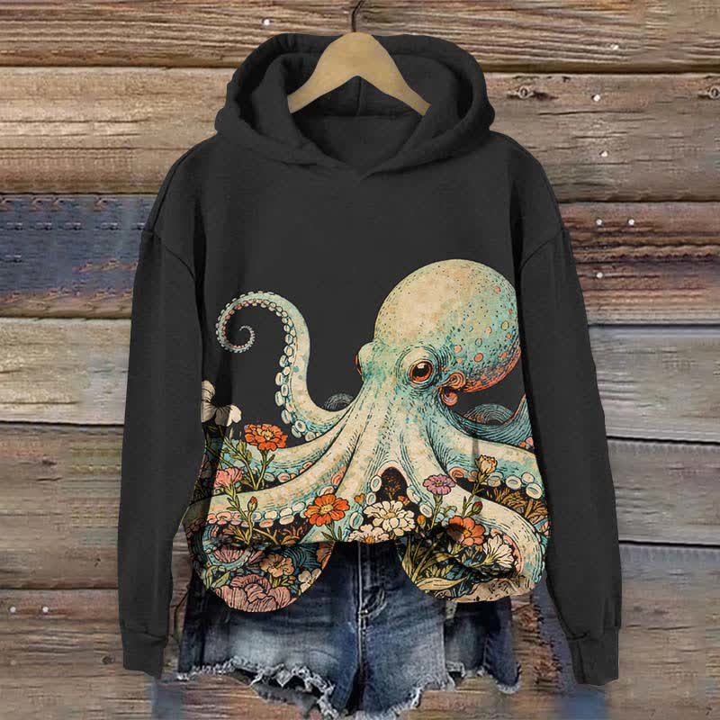 Vintage Octopus Surrounded By Flowers Print Long Sleeve Hoodie - Black - US44-46(8XL) - image 4
