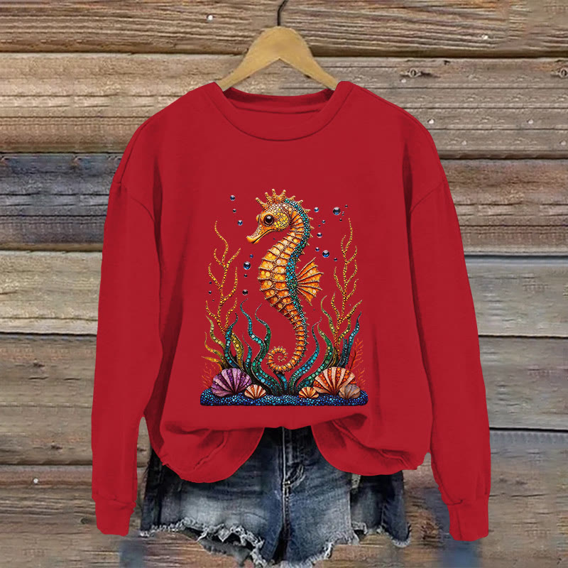 Seahorse And Coral Pattern Print Long Sleeve Sweatshirt - Red - US16-18(2XL) - image 5