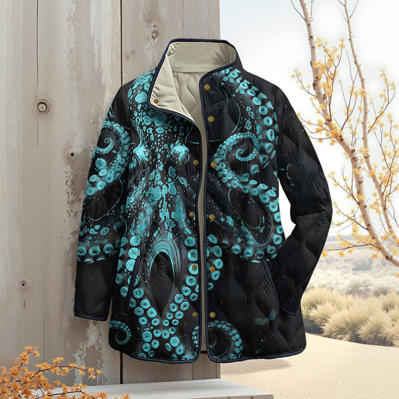 Vintage Octopus Art Print Outerwear Jackets - Green - 4XL - image 4