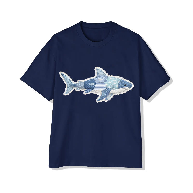 Ocean Shark Art Lace pattern Print Pattern Cotton Print T-Shirt - Navy Blue - US16-18(2XL) - image 13